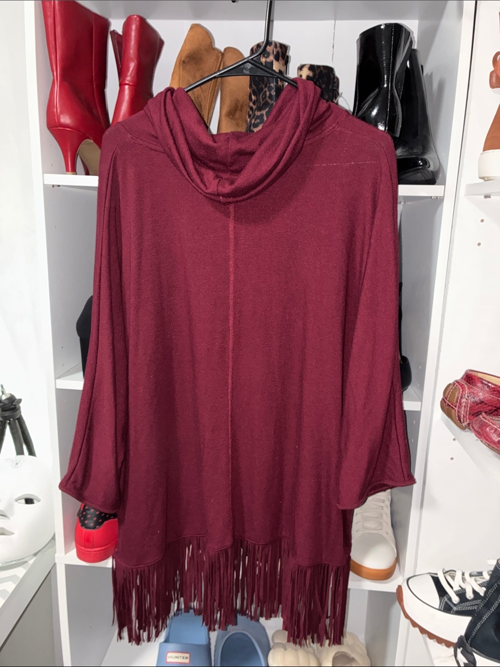 Women's Burgundy Hooded Fringe Poncho Sweater